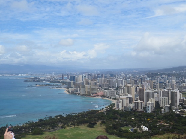 Great view of Waikiki beach and the Royal Hawaiian Hotel (pink) in the distance. Oldest hotel here.
