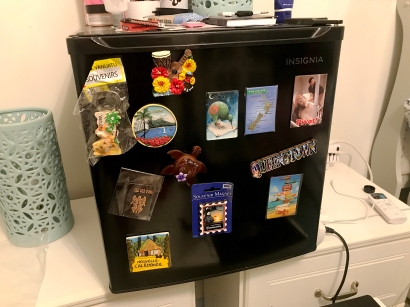 Trying out my souvenir magnets on my room's fridge